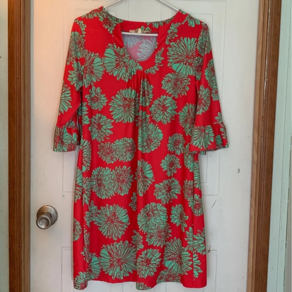 3/4 Ruffle Sleeve Open Neck Dress pink/teal